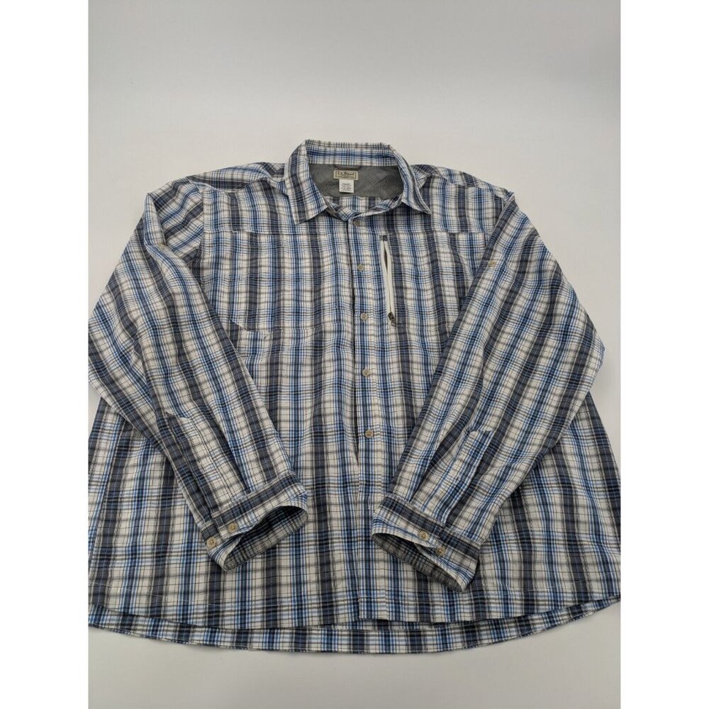 L.L. Bean Shirt Mens‎ XXL Reg Blue Plaid Long Sleeve Button Up Fishing Vent